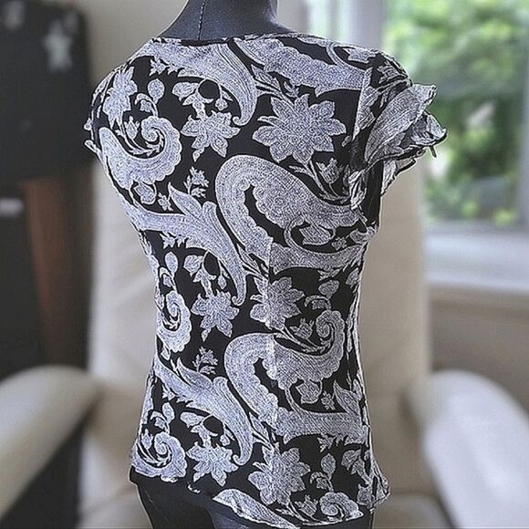 Planet silk crêpe chiffon monochromatic paisley ruffle blouse size M - Picture 2 of 11